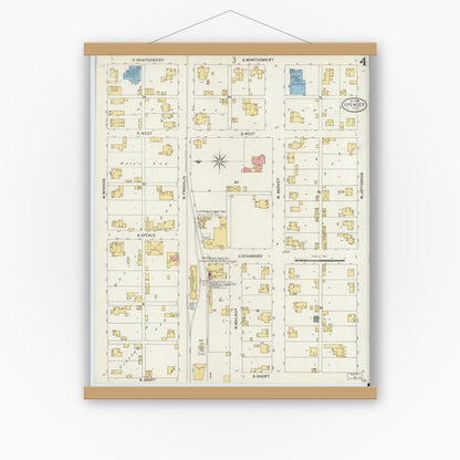 Old map wall art mockup — magnetic wood frame on white wall — Sanborn Fire Insurance Map from Spencer, Owen County, Indiana (1898), Sheet #0004