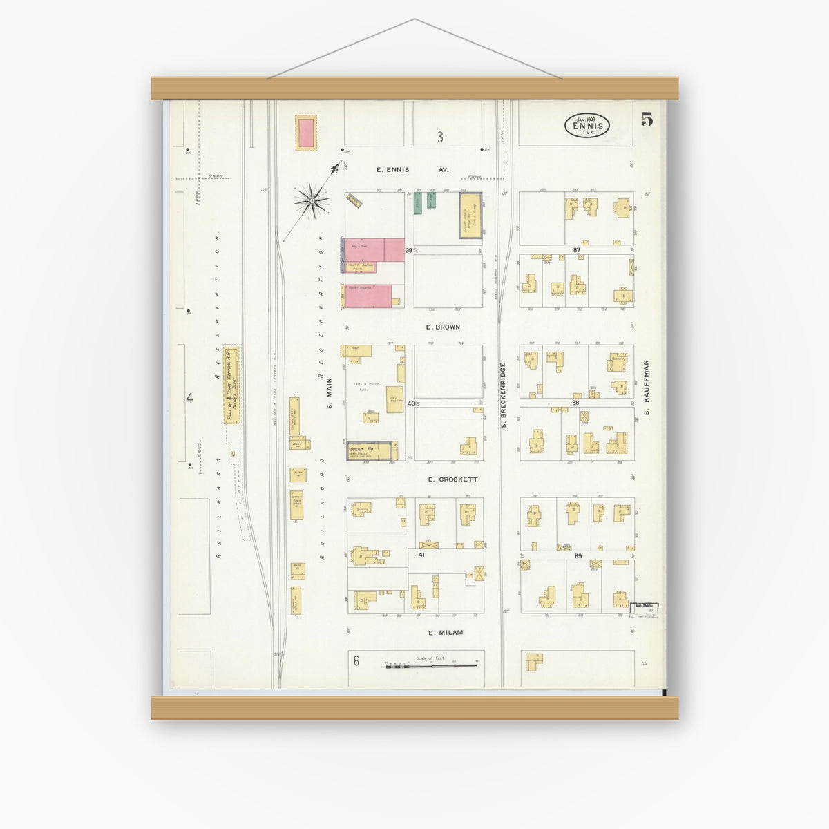 Old map wall art mockup — magnetic wood frame on white wall — Sanborn Fire Insurance Map from Ennis, Ellis County, Texas (1909), Sheet #0005