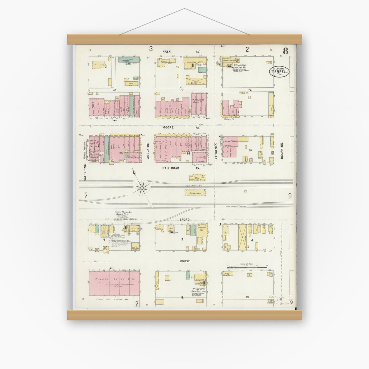 Old map wall art mockup — magnetic wood frame on white wall — Sanborn Fire Insurance Map from Terrell, Kaufman County, Texas (1897), Sheet #0008