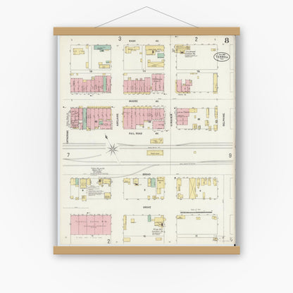 Old map wall art mockup — magnetic wood frame on white wall — Sanborn Fire Insurance Map from Terrell, Kaufman County, Texas (1897), Sheet #0008