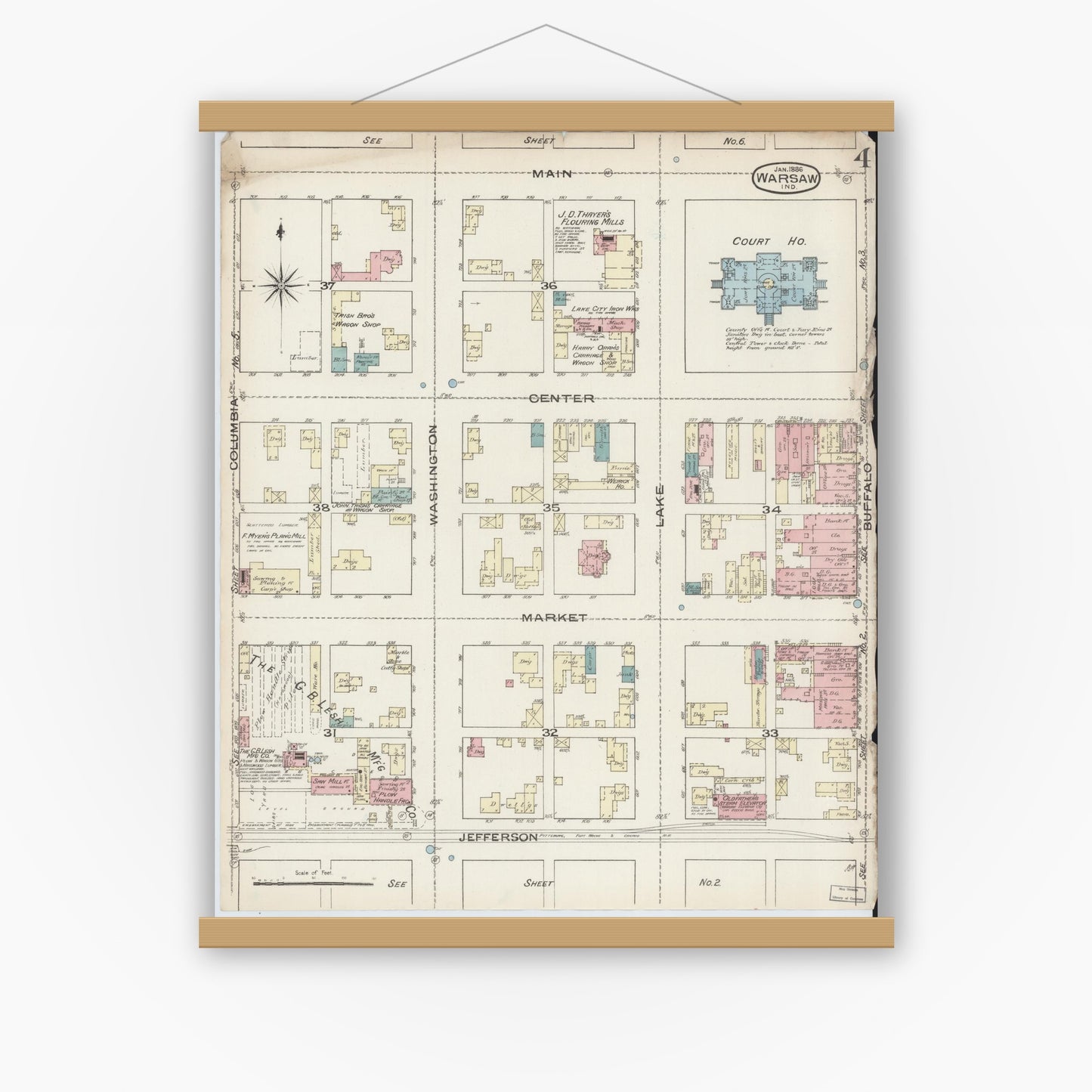 Old map wall art mockup — magnetic wood frame on white wall — Sanborn Fire Insurance Map from Warsaw, Kosciusko County, Indiana (1886), Sheet #0004