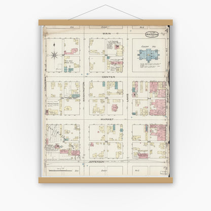 Old map wall art mockup — magnetic wood frame on white wall — Sanborn Fire Insurance Map from Warsaw, Kosciusko County, Indiana (1886), Sheet #0004
