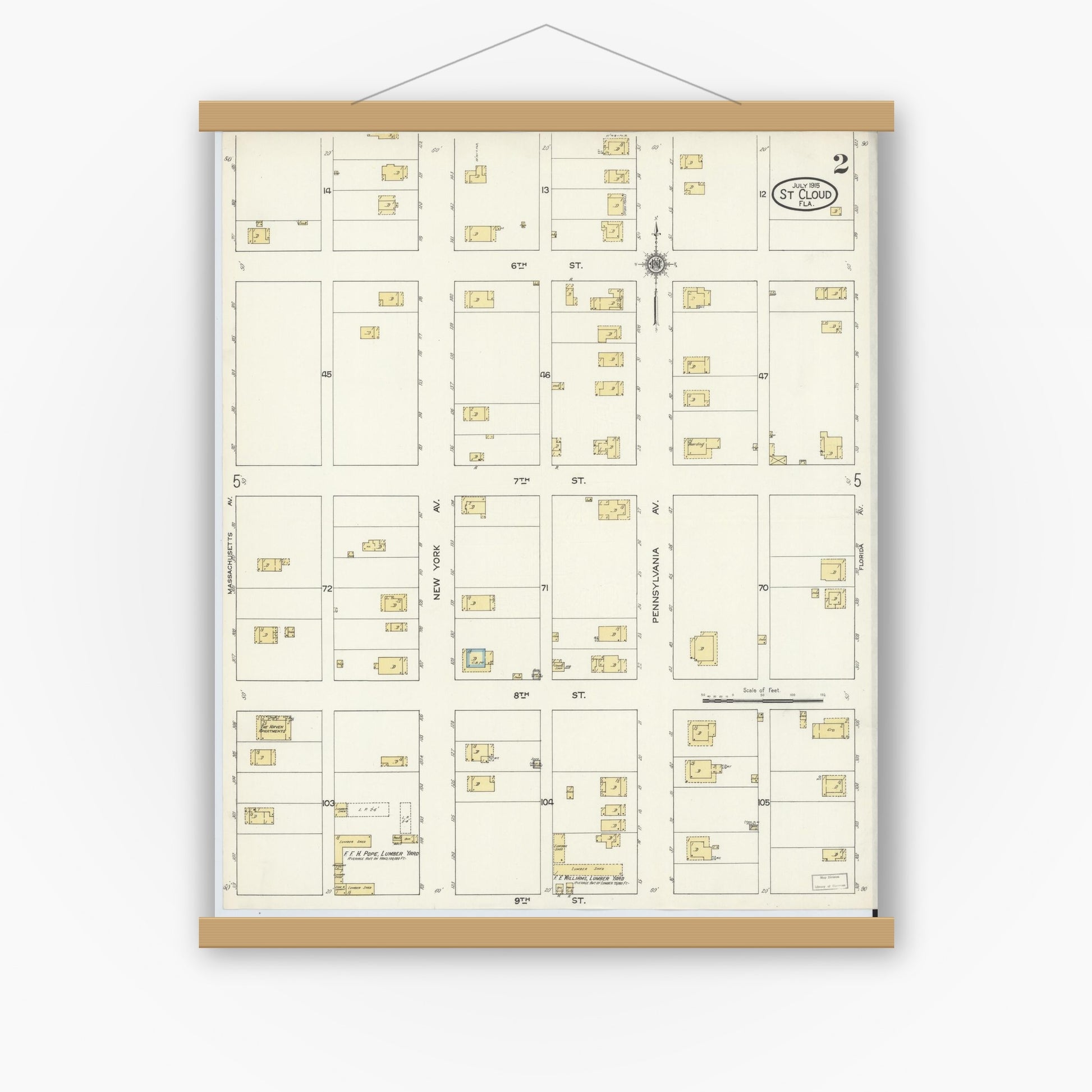 Old map wall art mockup — magnetic wood frame on white wall — Sanborn Fire Insurance Map from Saint Cloud, Osceola County, Florida (1915), Sheet #0002
