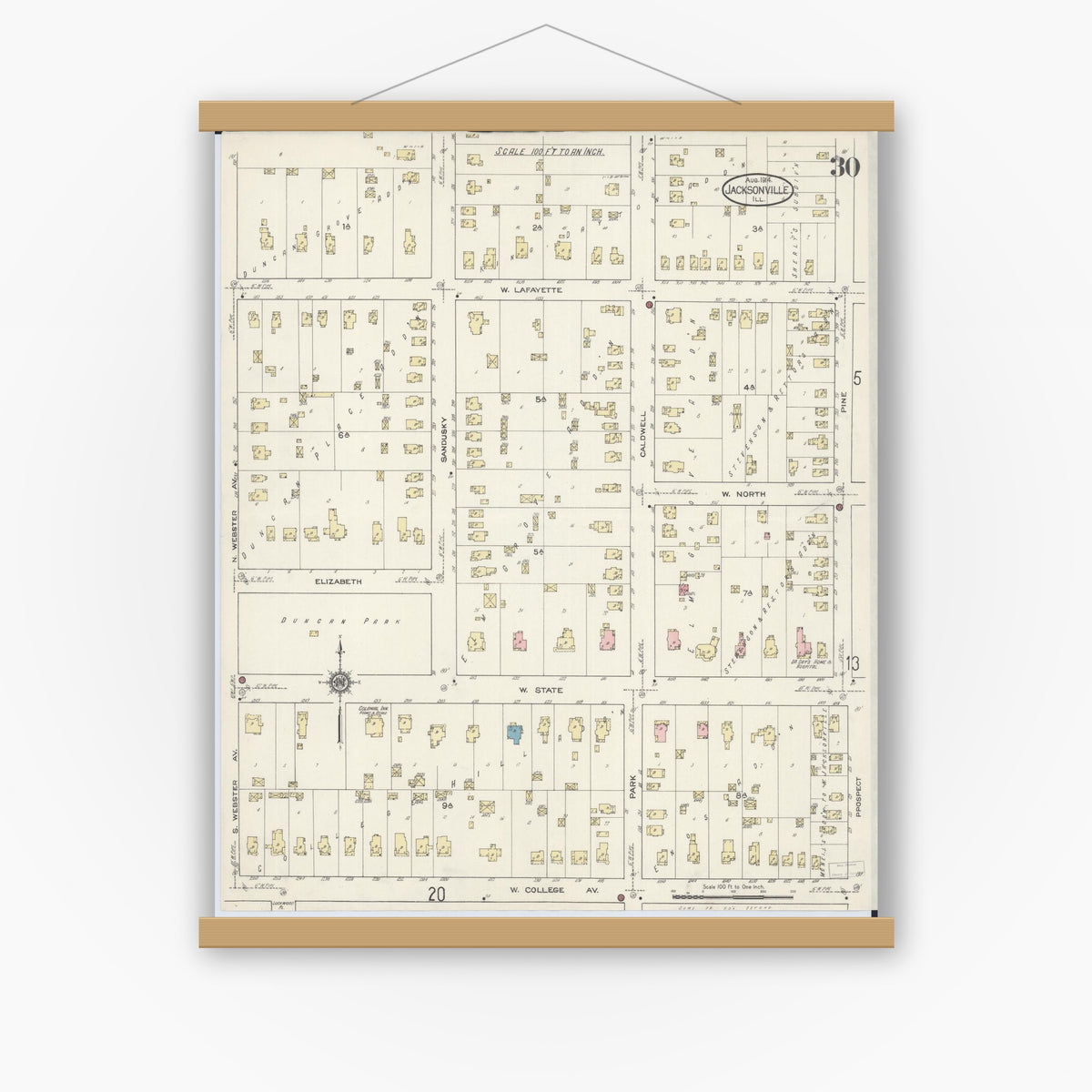 Old map wall art mockup — magnetic wood frame on white wall — Sanborn Fire Insurance Map from Jacksonville, Morgan County, Illinois (1914), Sheet #0030