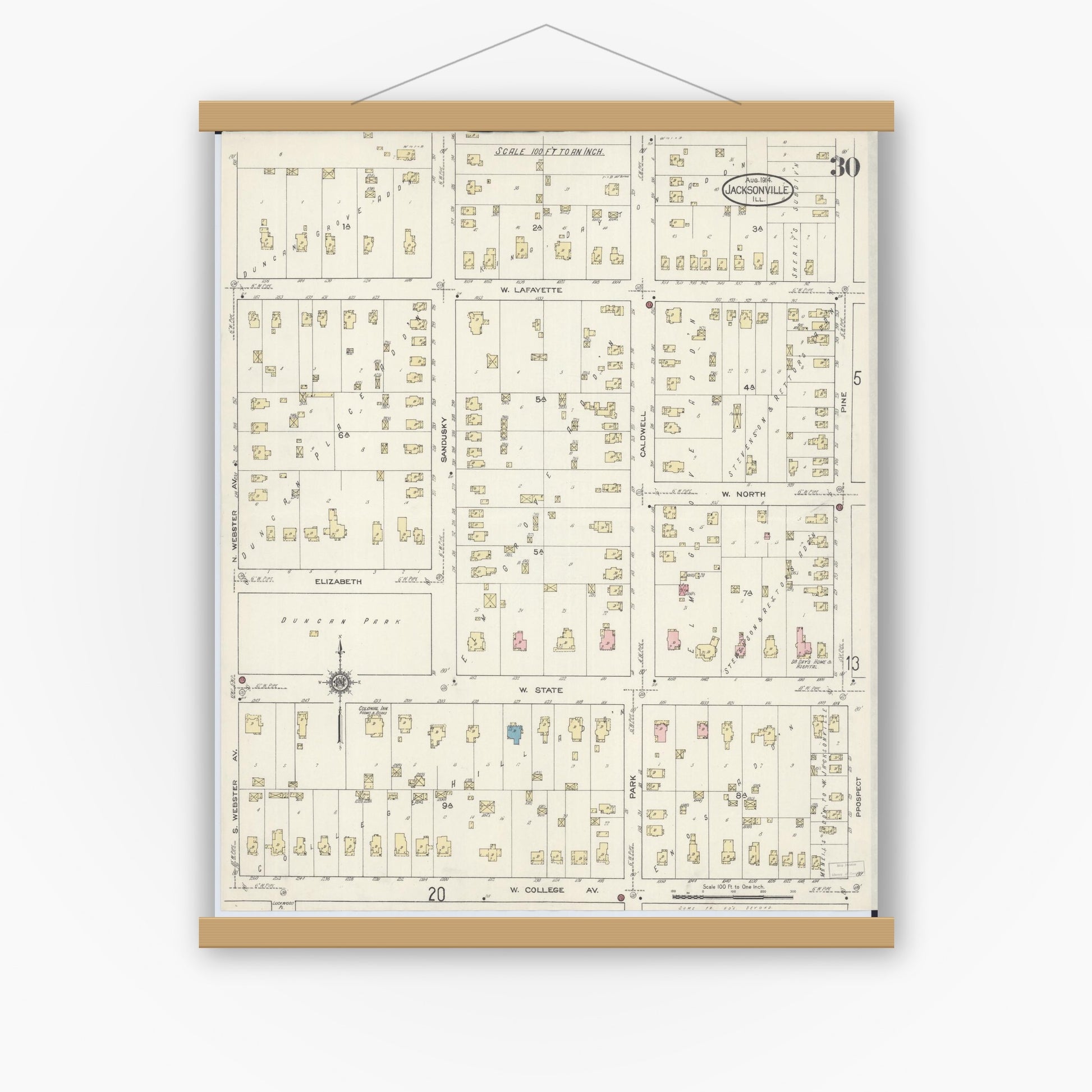 Old map wall art mockup — magnetic wood frame on white wall — Sanborn Fire Insurance Map from Jacksonville, Morgan County, Illinois (1914), Sheet #0030