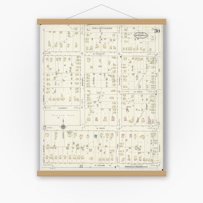 Old map wall art mockup — magnetic wood frame on white wall — Sanborn Fire Insurance Map from Jacksonville, Morgan County, Illinois (1914), Sheet #0030