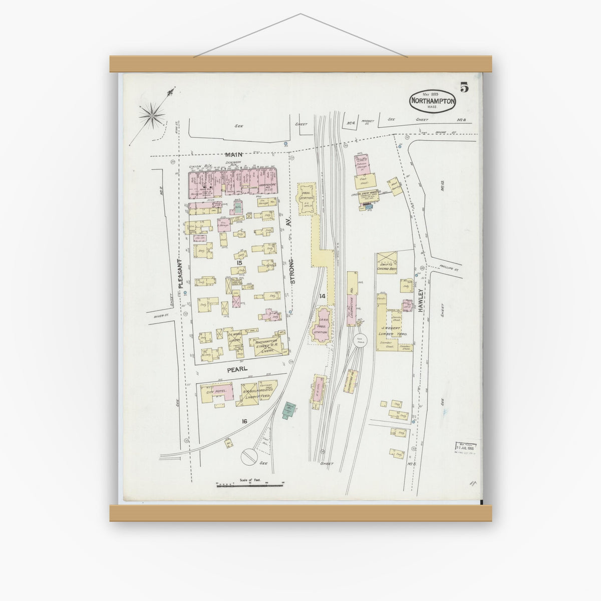 Old map wall art mockup — magnetic wood frame on white wall — Sanborn Fire Insurance Map from Northampton, Hampshire County, Massachusetts (1889), Sheet #0005