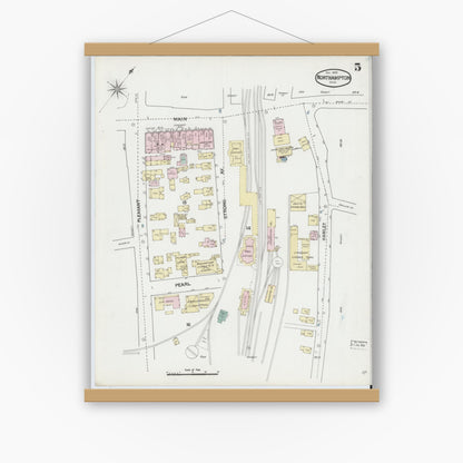 Old map wall art mockup — magnetic wood frame on white wall — Sanborn Fire Insurance Map from Northampton, Hampshire County, Massachusetts (1889), Sheet #0005