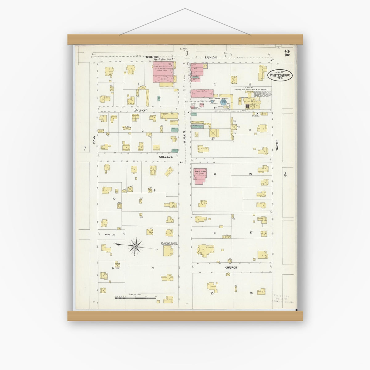 Old map wall art mockup — magnetic wood frame on white wall — Sanborn Fire Insurance Map from Whitesboro, Grayson County, Texas (1907), Sheet #0002