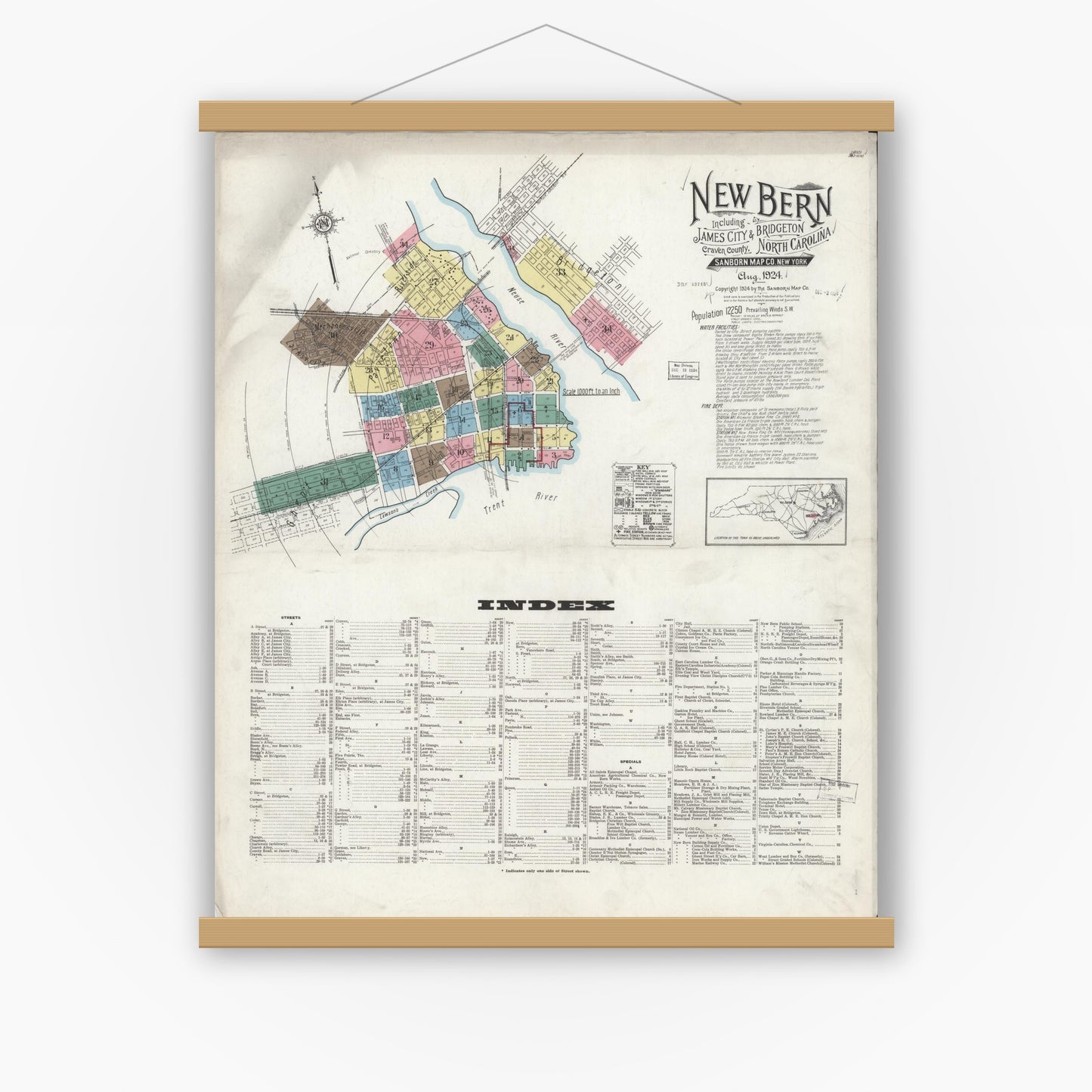 Old map wall art mockup — magnetic wood frame on white wall — Sanborn Fire Insurance Map from New Bern, Craven County, North Carolina (1924) - Complete Map Set