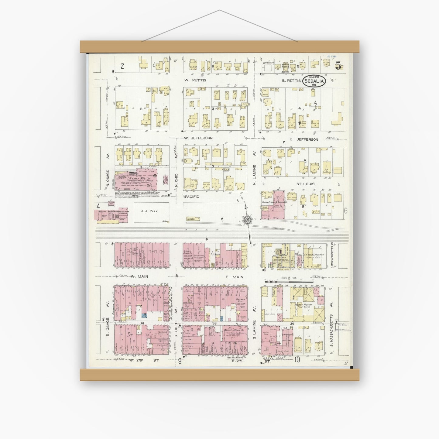 Old map wall art mockup — magnetic wood frame on white wall — Sanborn Fire Insurance Map from Sedalia, Pettis County, Missouri (1914), Sheet #0005