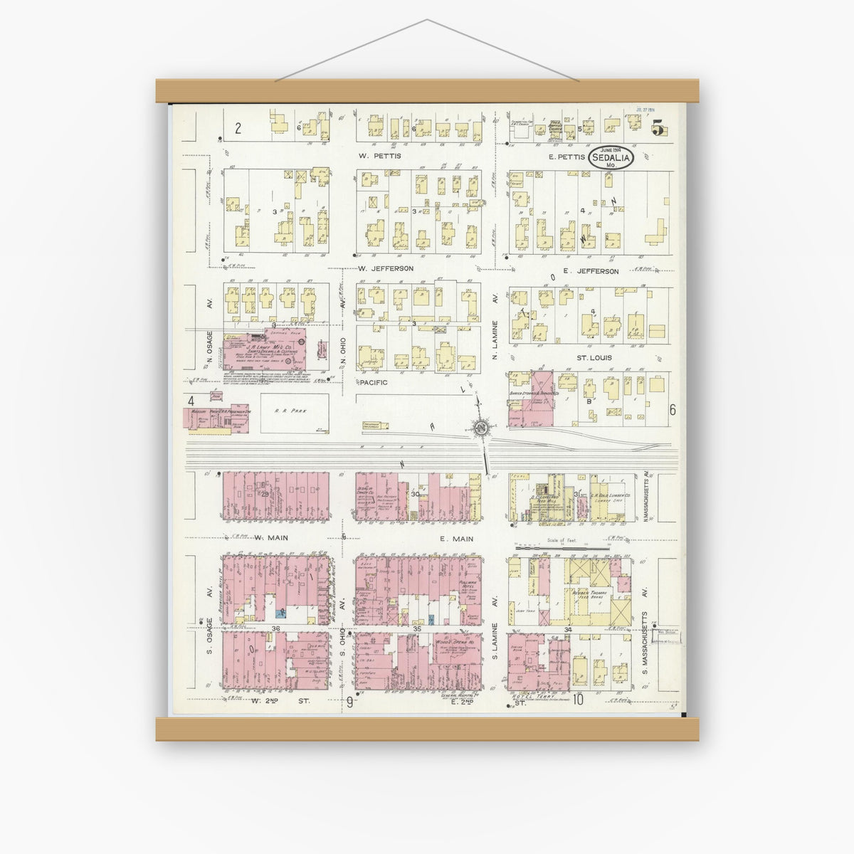 Old map wall art mockup — magnetic wood frame on white wall — Sanborn Fire Insurance Map from Sedalia, Pettis County, Missouri (1914), Sheet #0005