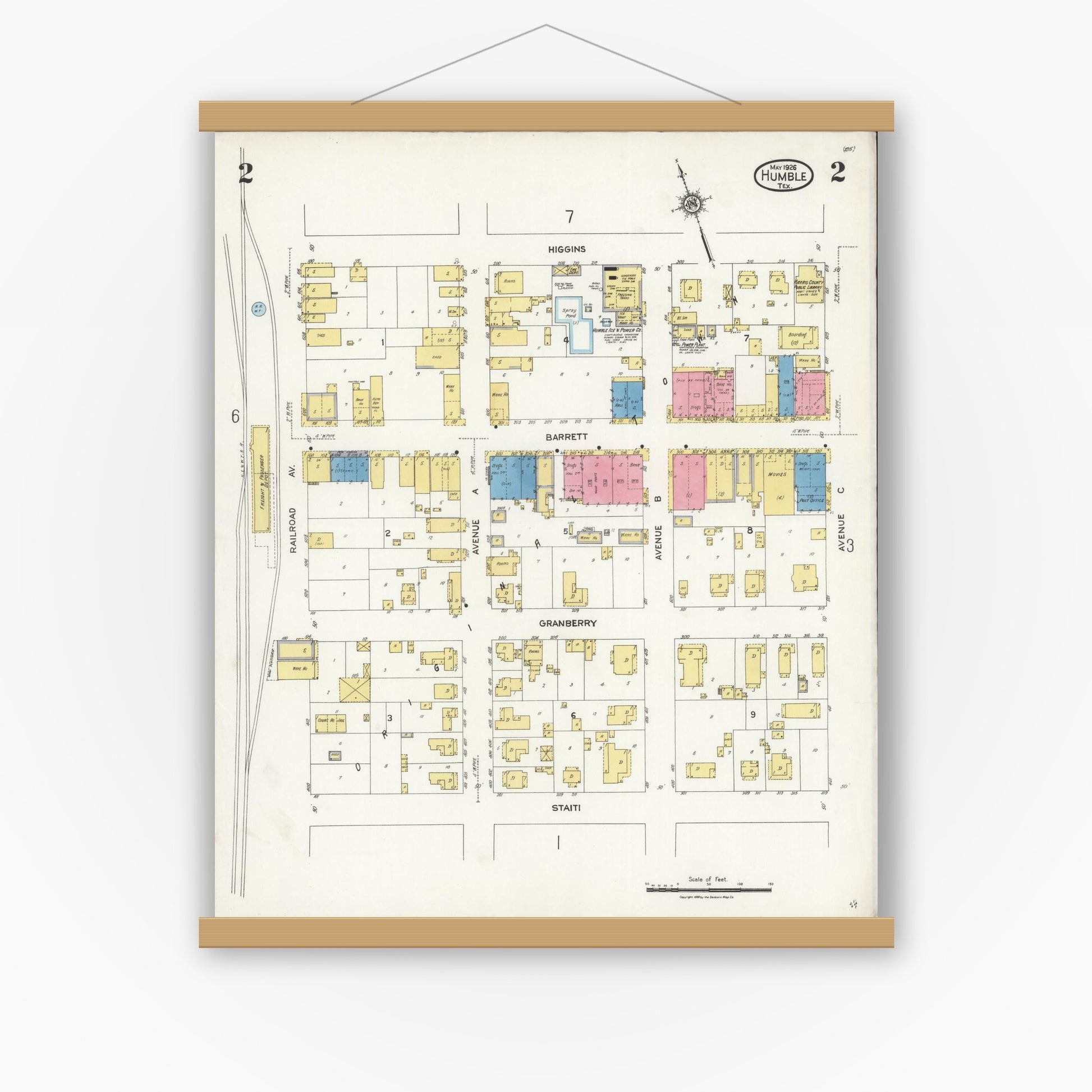 Old map wall art mockup — magnetic wood frame on white wall — Sanborn Fire Insurance Map from Humble, Harris County, Texas (1926), Sheet #0002