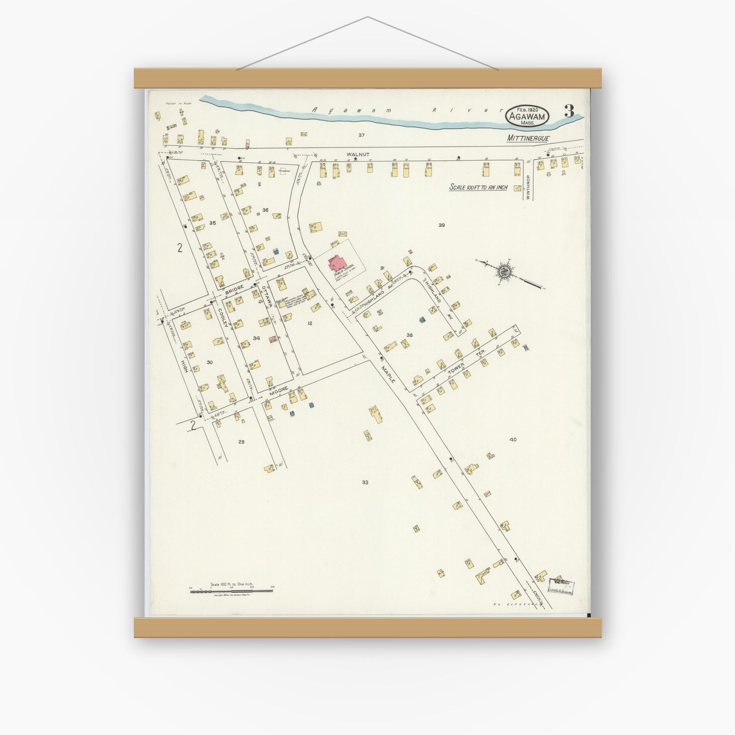 Old map wall art mockup — magnetic wood frame on white wall — Sanborn Fire Insurance Map from Agawam, Hampden County, Massachusetts (1920), Sheet #0003