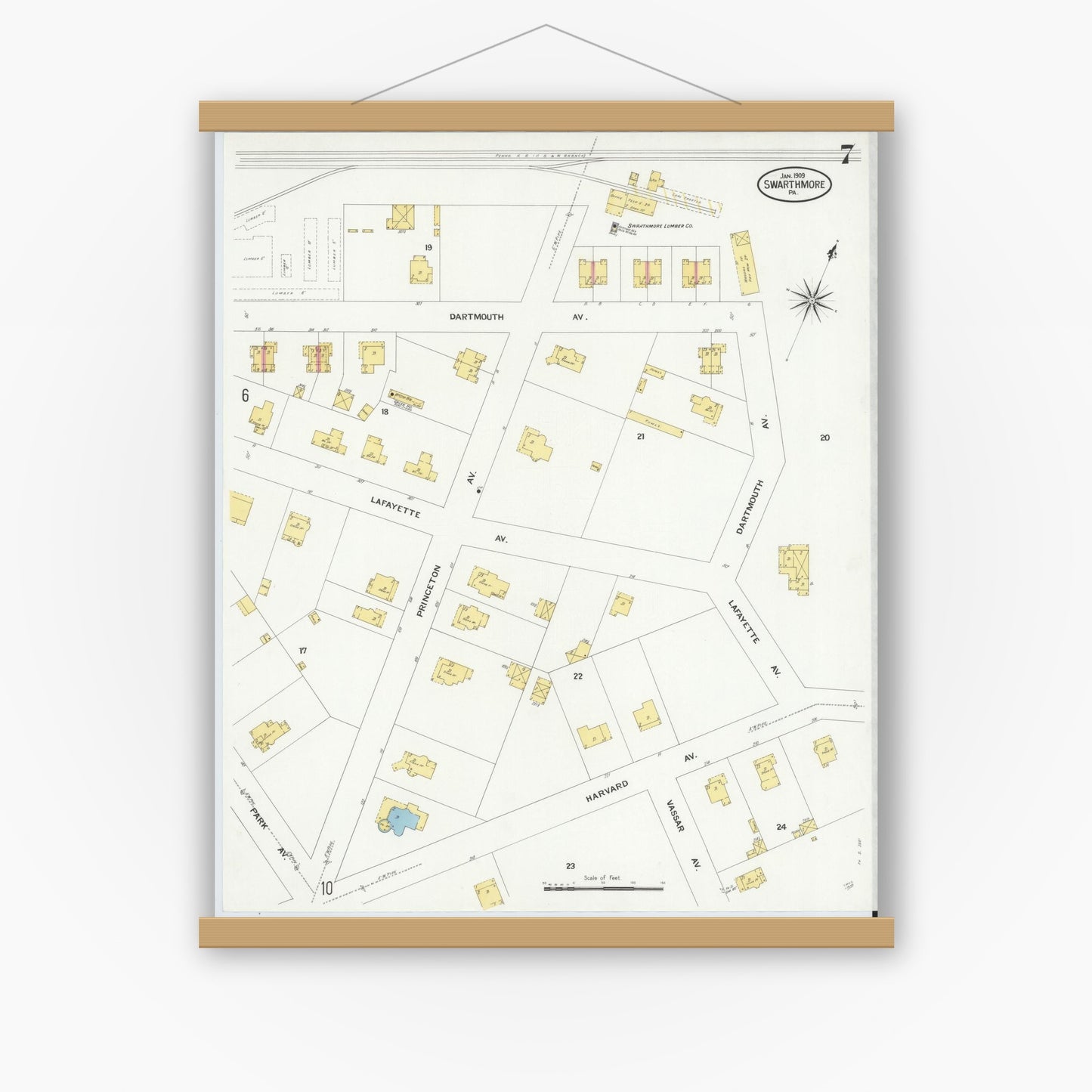 Old map wall art mockup — magnetic wood frame on white wall — Sanborn Fire Insurance Map from Swarthmore, Delaware County, Pennsylvania (1909), Sheet #0007