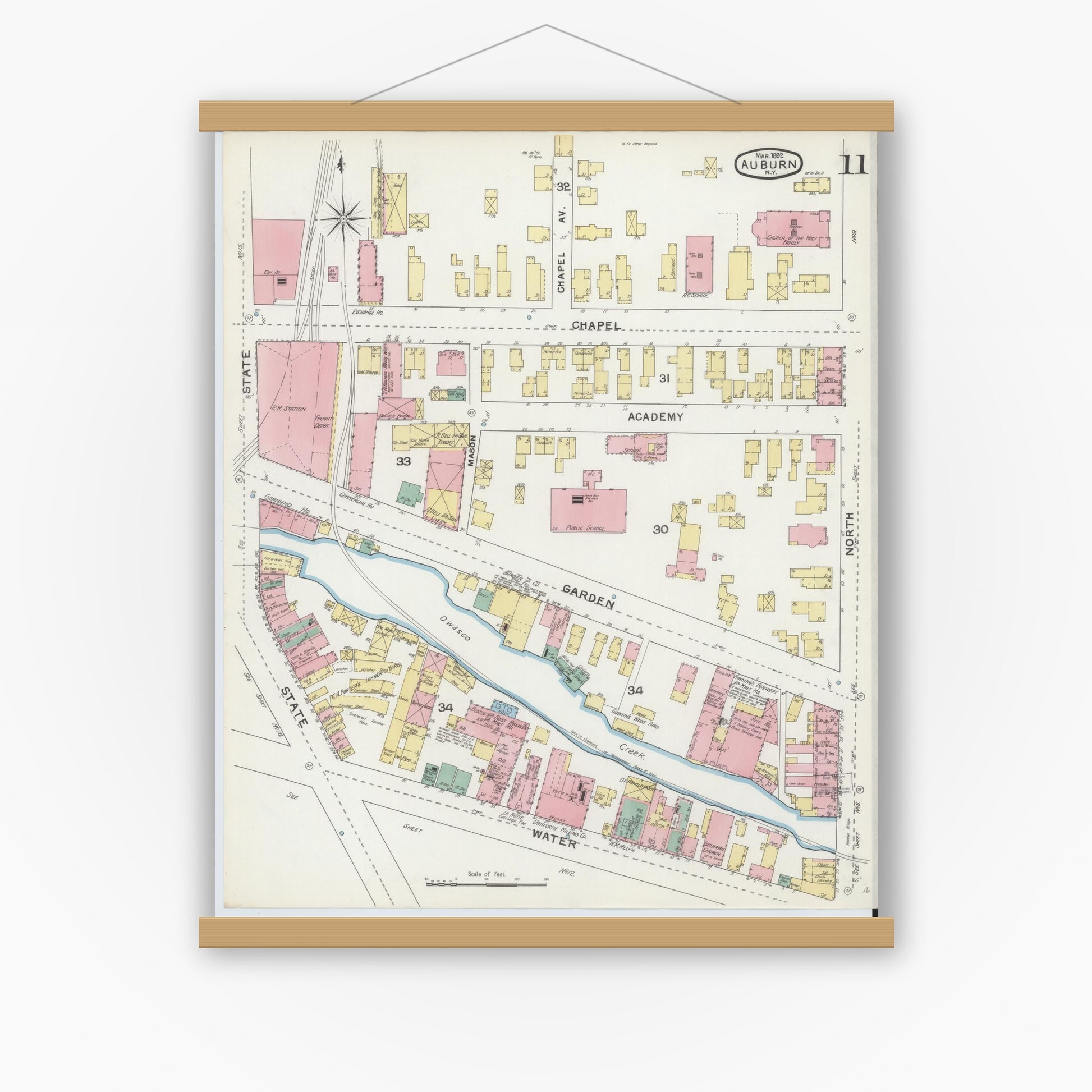 Old map wall art mockup — magnetic wood frame on white wall — Sanborn Fire Insurance Map from Auburn, Cayuga County, New York (1892), Sheet #0011