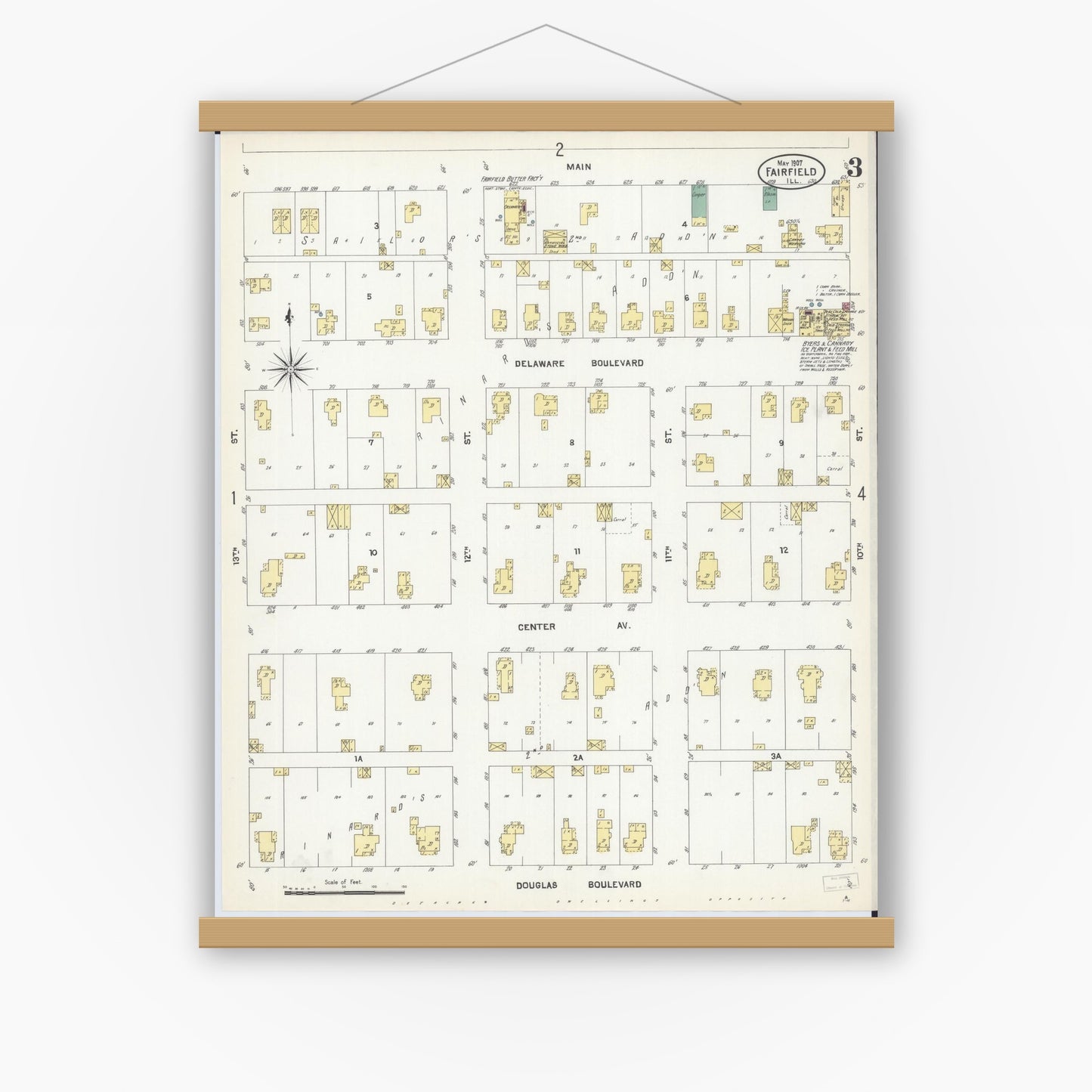 Old map wall art mockup — magnetic wood frame on white wall — Sanborn Fire Insurance Map from Fairfield, Wayne County, Illinois (1907), Sheet #0003