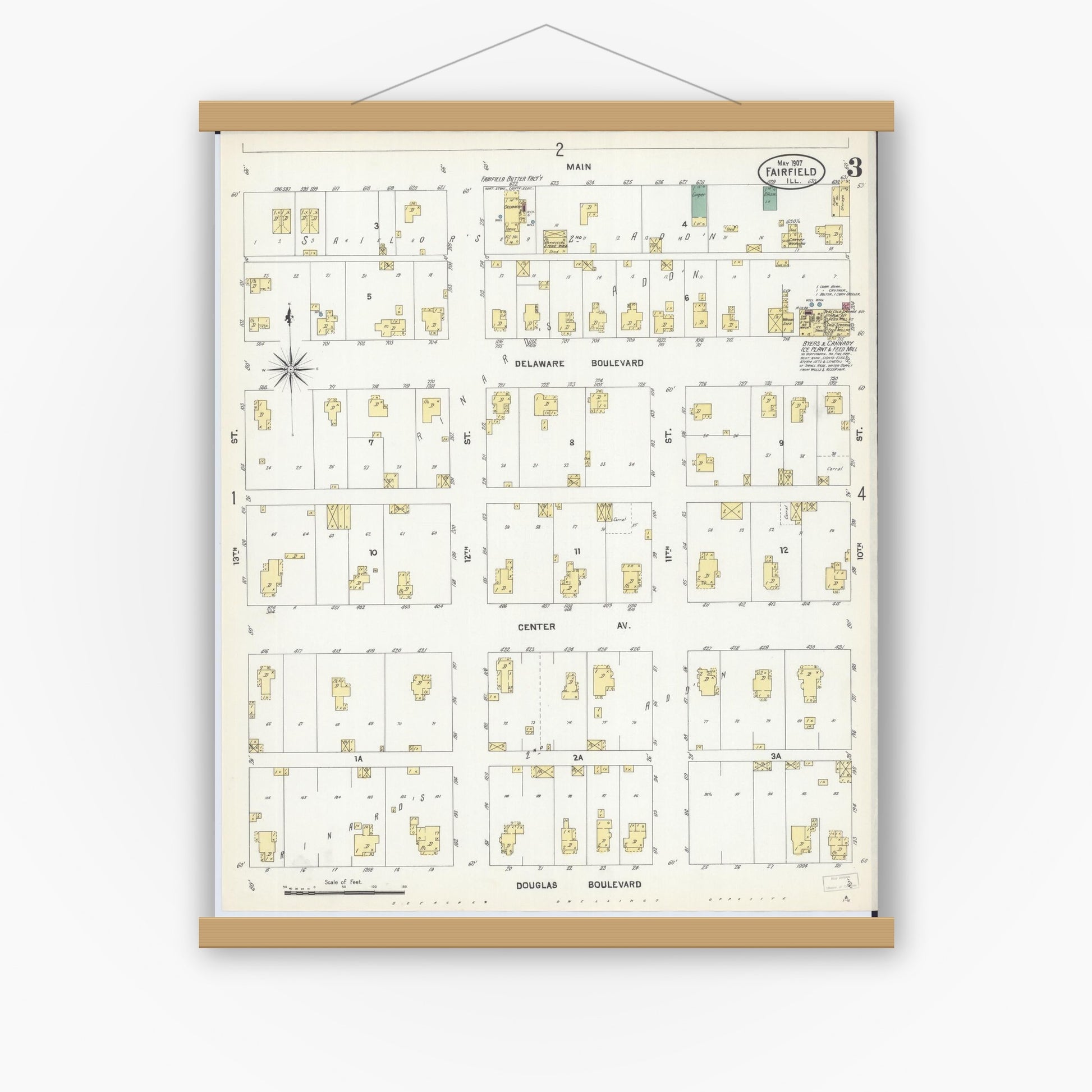 Old map wall art mockup — magnetic wood frame on white wall — Sanborn Fire Insurance Map from Fairfield, Wayne County, Illinois (1907), Sheet #0003