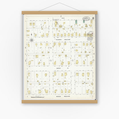 Old map wall art mockup — magnetic wood frame on white wall — Sanborn Fire Insurance Map from Fairfield, Wayne County, Illinois (1907), Sheet #0003