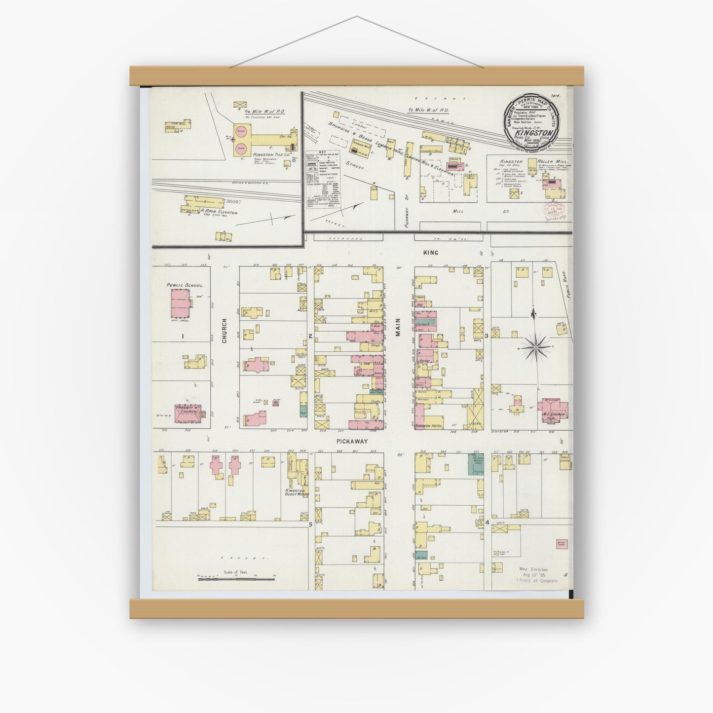 Old map wall art mockup — magnetic wood frame on white wall — Sanborn Fire Insurance Map from Kingston, Ross County, Ohio (1895), Sheet #0001