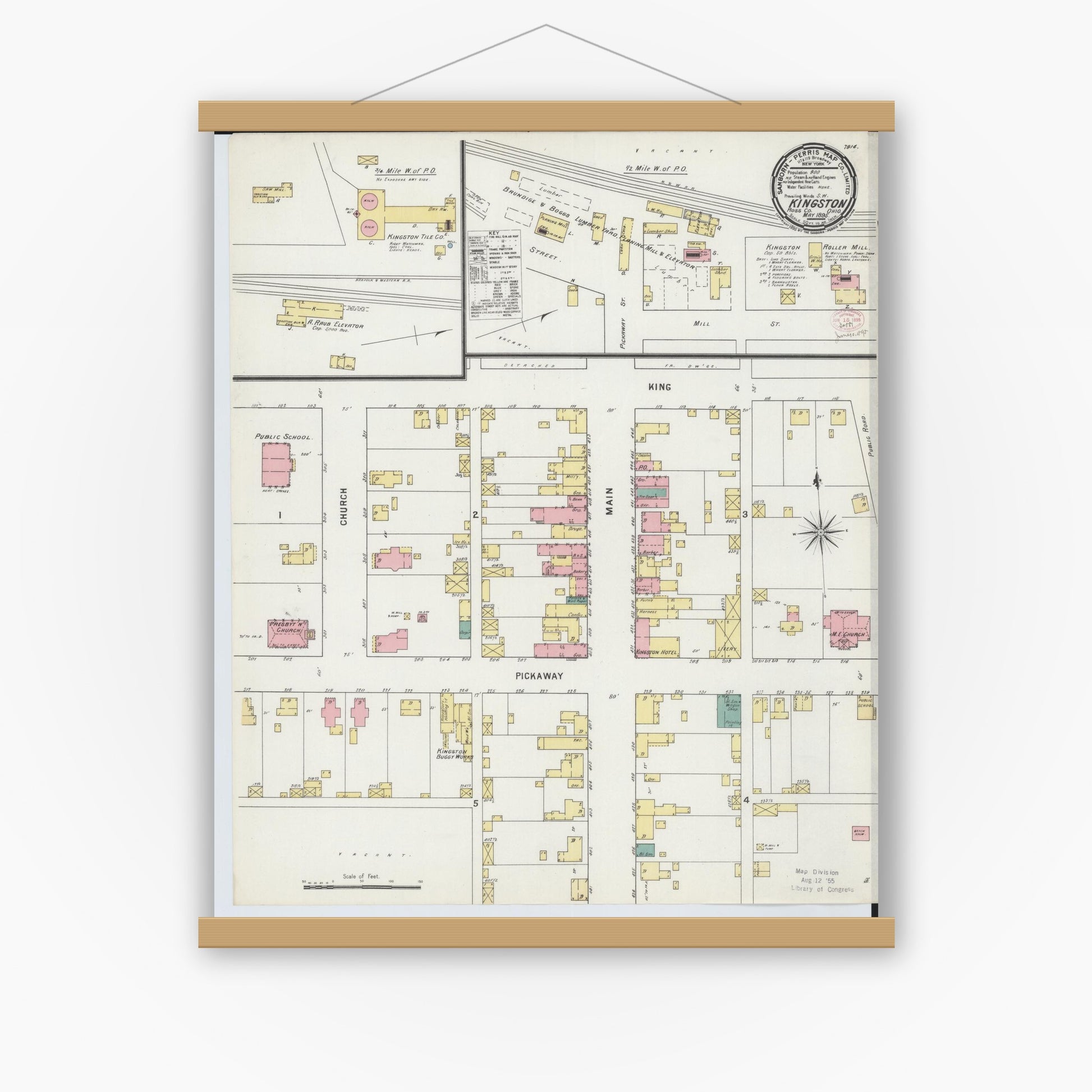 Old map wall art mockup — magnetic wood frame on white wall — Sanborn Fire Insurance Map from Kingston, Ross County, Ohio (1895), Sheet #0001