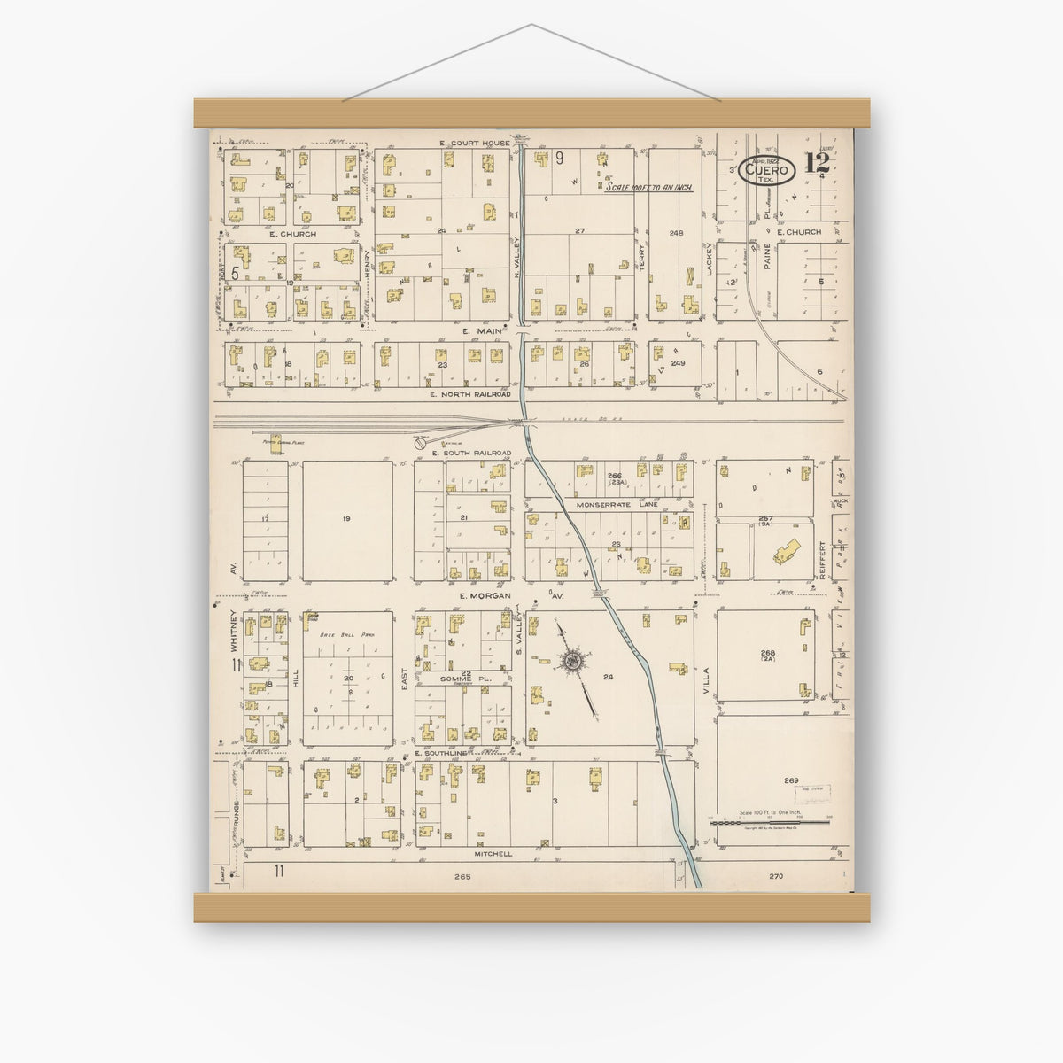 Old map wall art mockup — magnetic wood frame on white wall — Sanborn Fire Insurance Map from Cuero, De Witt County, Texas (1922), Sheet #0012