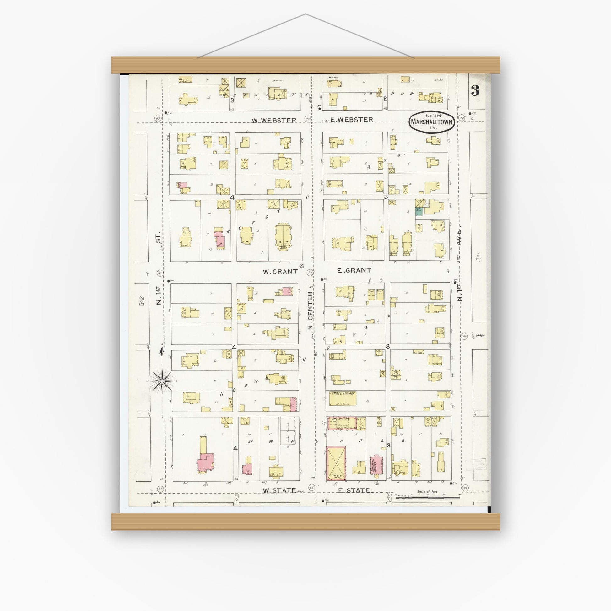 Old map wall art mockup — magnetic wood frame on white wall — Sanborn Fire Insurance Map from Marshalltown, Marshall County, Iowa (1894), Sheet #0003