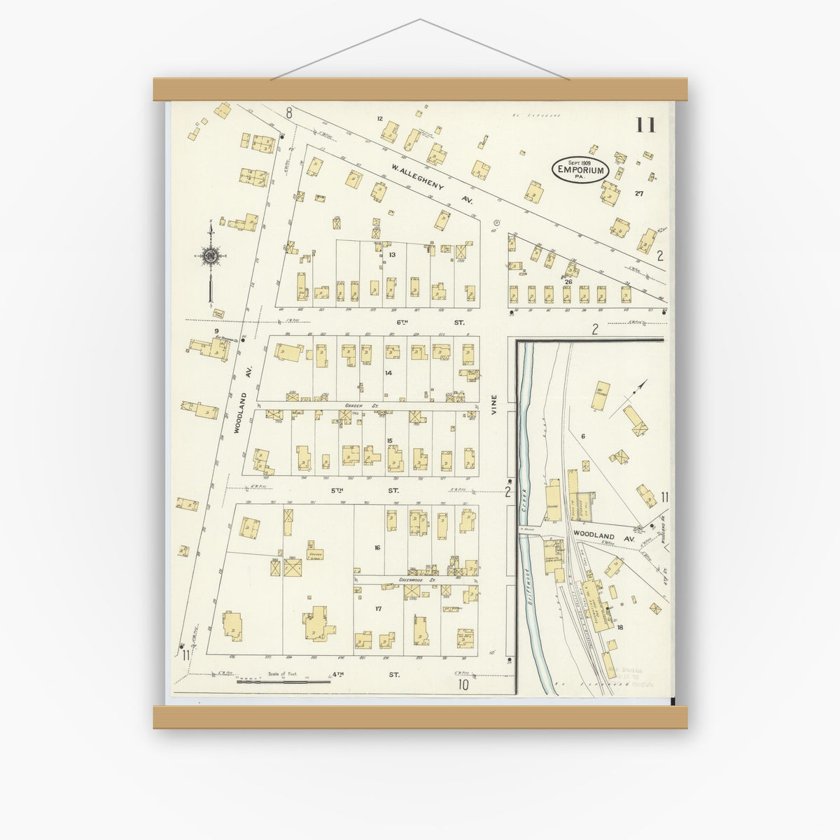 Old map wall art mockup — magnetic wood frame on white wall — Sanborn Fire Insurance Map from Emporium, Cameron County, Pennsylvania (1909), Sheet #0011