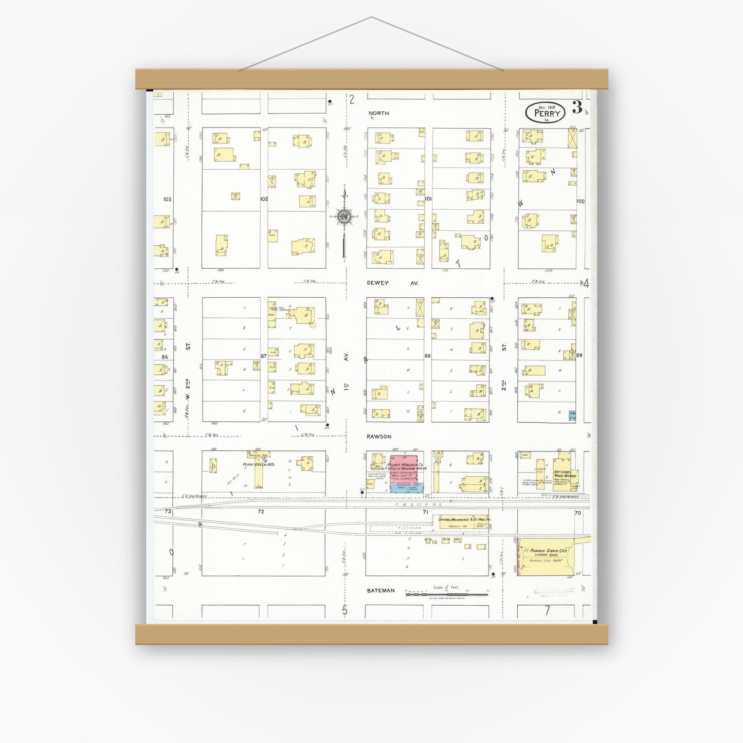 Old map wall art mockup — magnetic wood frame on white wall — Sanborn Fire Insurance Map from Perry, Dallas County, Iowa (1918), Sheet #0003
