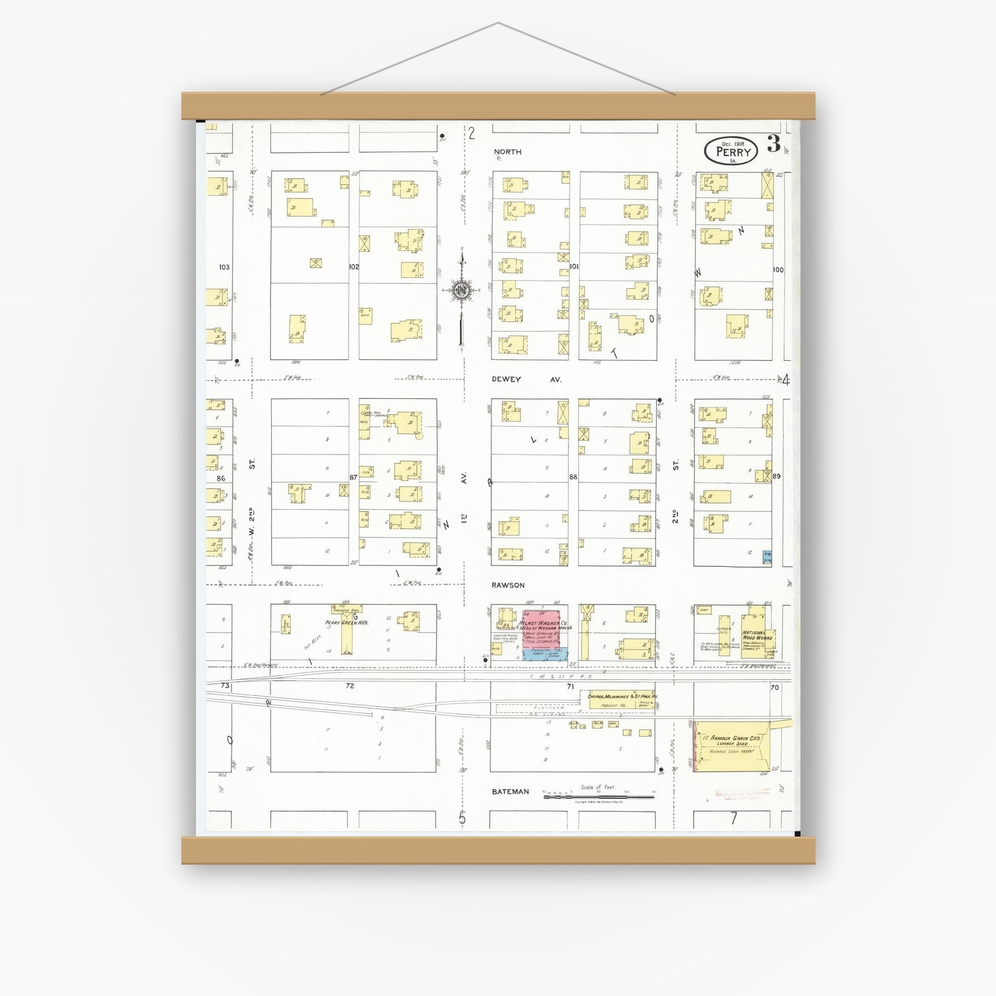 Old map wall art mockup — magnetic wood frame on white wall — Sanborn Fire Insurance Map from Perry, Dallas County, Iowa (1918), Sheet #0003
