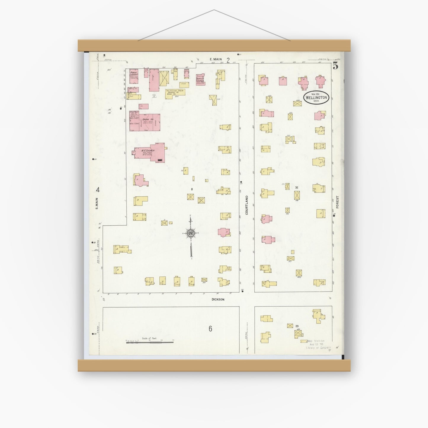 Old map wall art mockup — magnetic wood frame on white wall — Sanborn Fire Insurance Map from Wellington, Lorain County, Ohio (1911), Sheet #0005