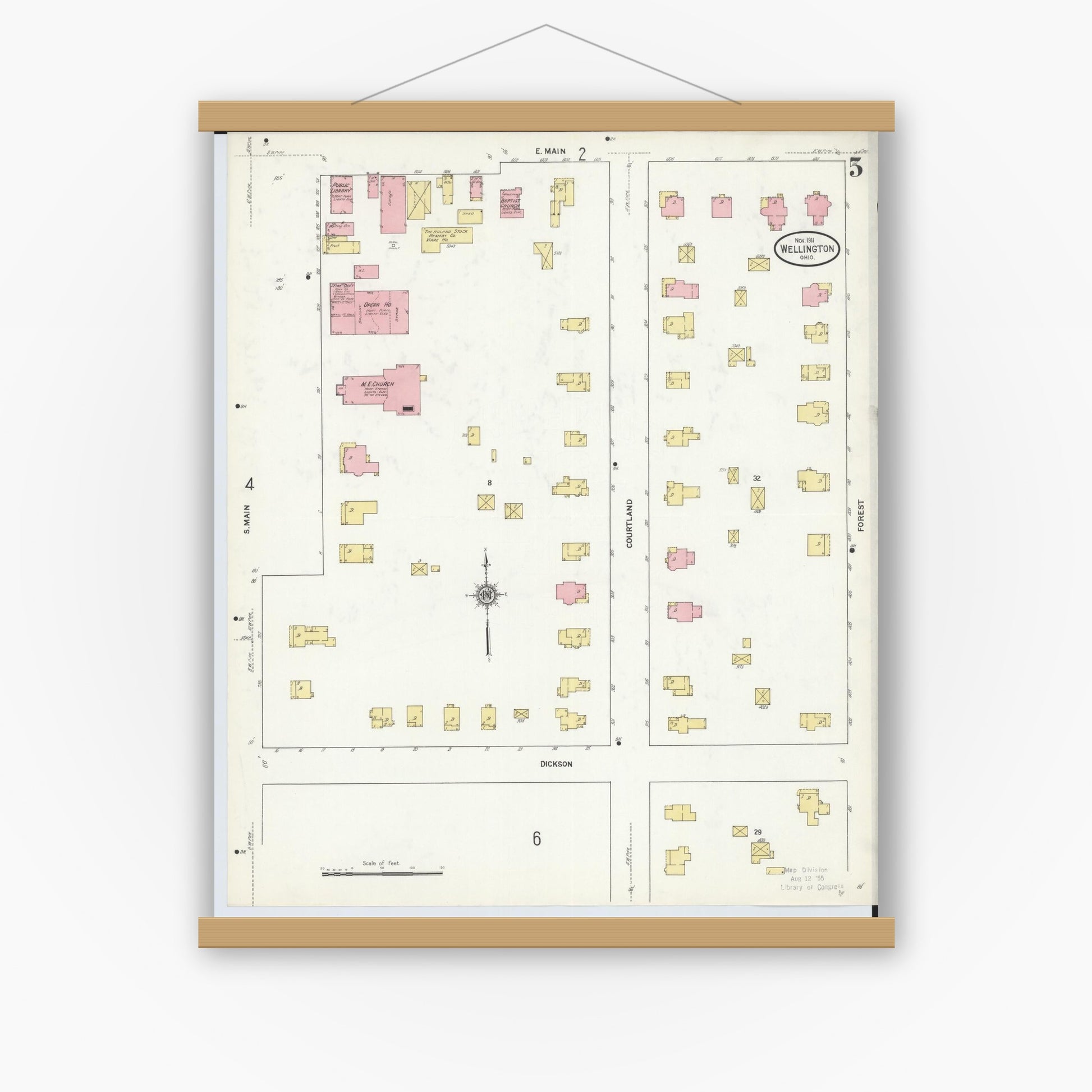 Old map wall art mockup — magnetic wood frame on white wall — Sanborn Fire Insurance Map from Wellington, Lorain County, Ohio (1911), Sheet #0005