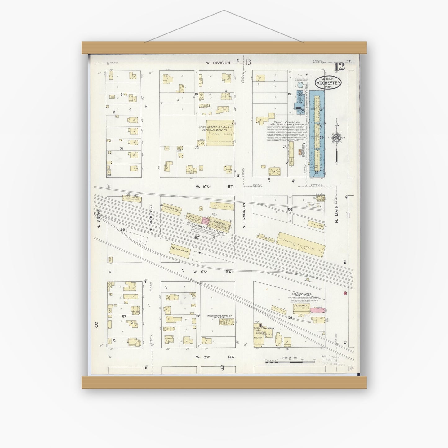 Old map wall art mockup — magnetic wood frame on white wall — Sanborn Fire Insurance Map from Rochester, Olmsted County, Minnesota (1914), Sheet #0012