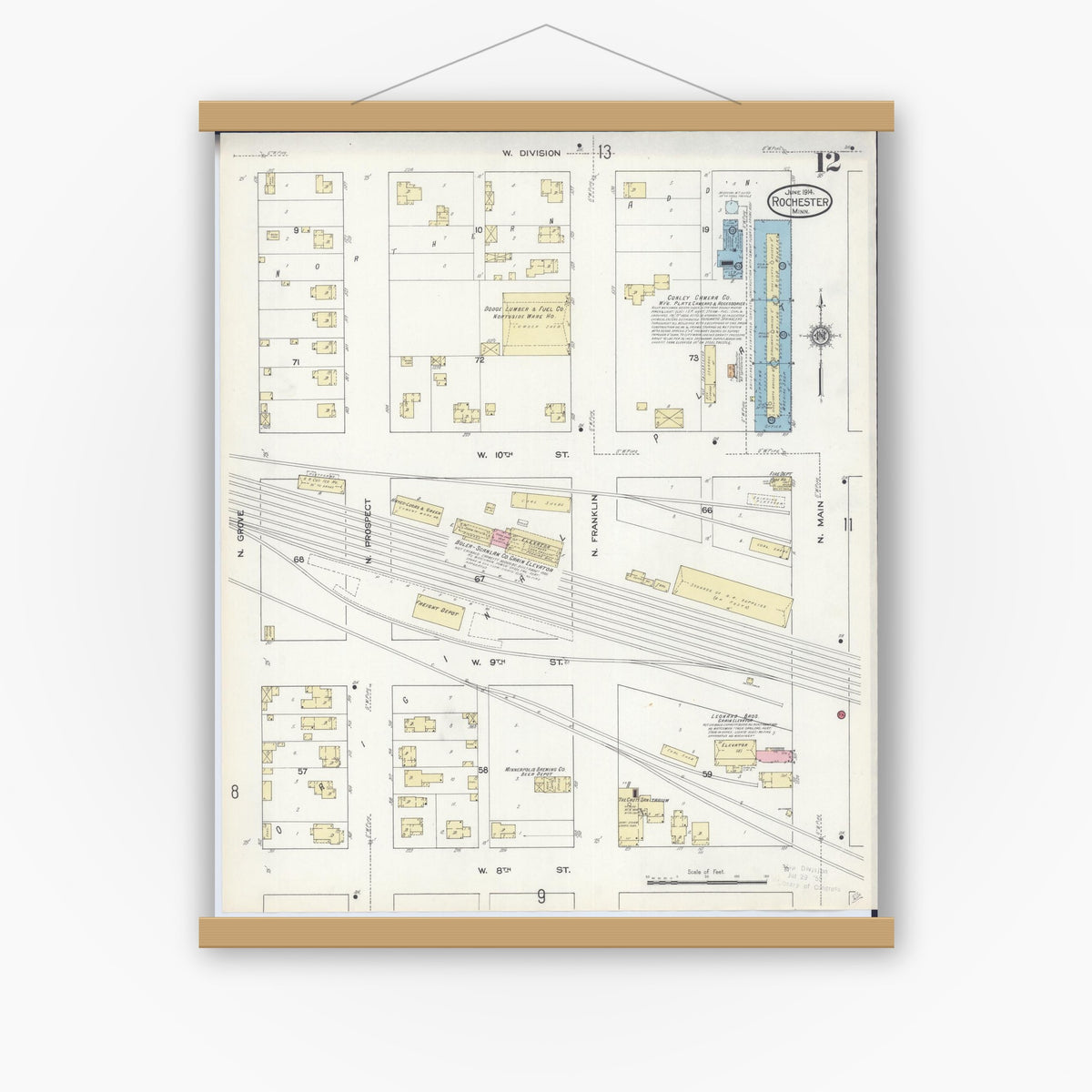 Old map wall art mockup — magnetic wood frame on white wall — Sanborn Fire Insurance Map from Rochester, Olmsted County, Minnesota (1914), Sheet #0012