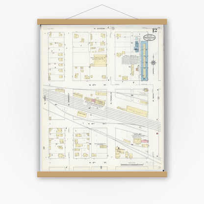 Old map wall art mockup — magnetic wood frame on white wall — Sanborn Fire Insurance Map from Rochester, Olmsted County, Minnesota (1914), Sheet #0012