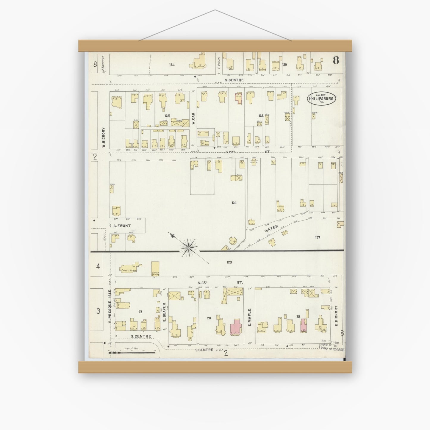 Old map wall art mockup — magnetic wood frame on white wall — Sanborn Fire Insurance Map from Philipsburg, Centre County, Pennsylvania (1897), Sheet #0008