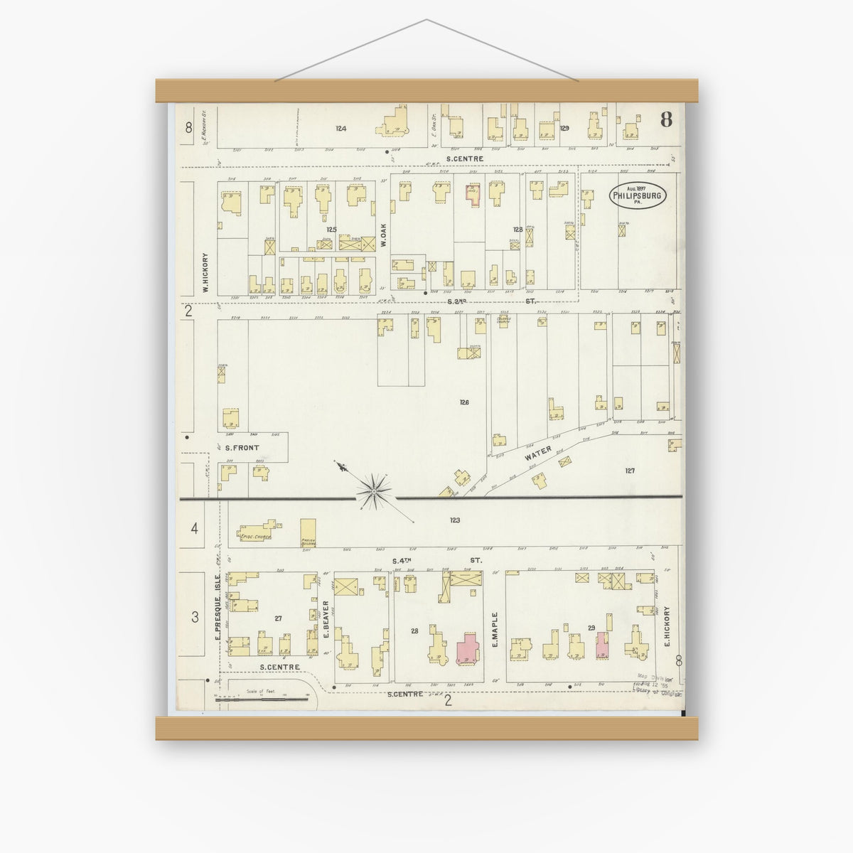 Old map wall art mockup — magnetic wood frame on white wall — Sanborn Fire Insurance Map from Philipsburg, Centre County, Pennsylvania (1897), Sheet #0008
