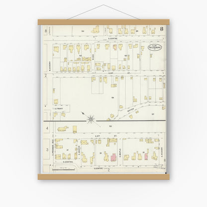 Old map wall art mockup — magnetic wood frame on white wall — Sanborn Fire Insurance Map from Philipsburg, Centre County, Pennsylvania (1897), Sheet #0008