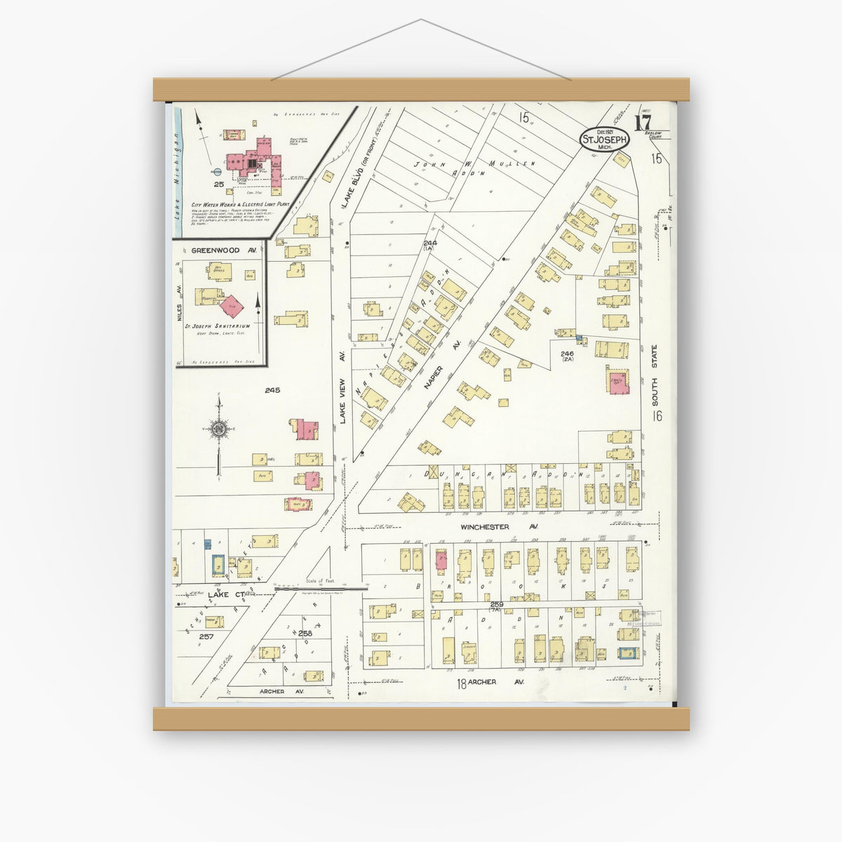 Old map wall art mockup — magnetic wood frame on white wall — Sanborn Fire Insurance Map from Saint Joseph, Berrien County, Michigan (1921), Sheet #0017