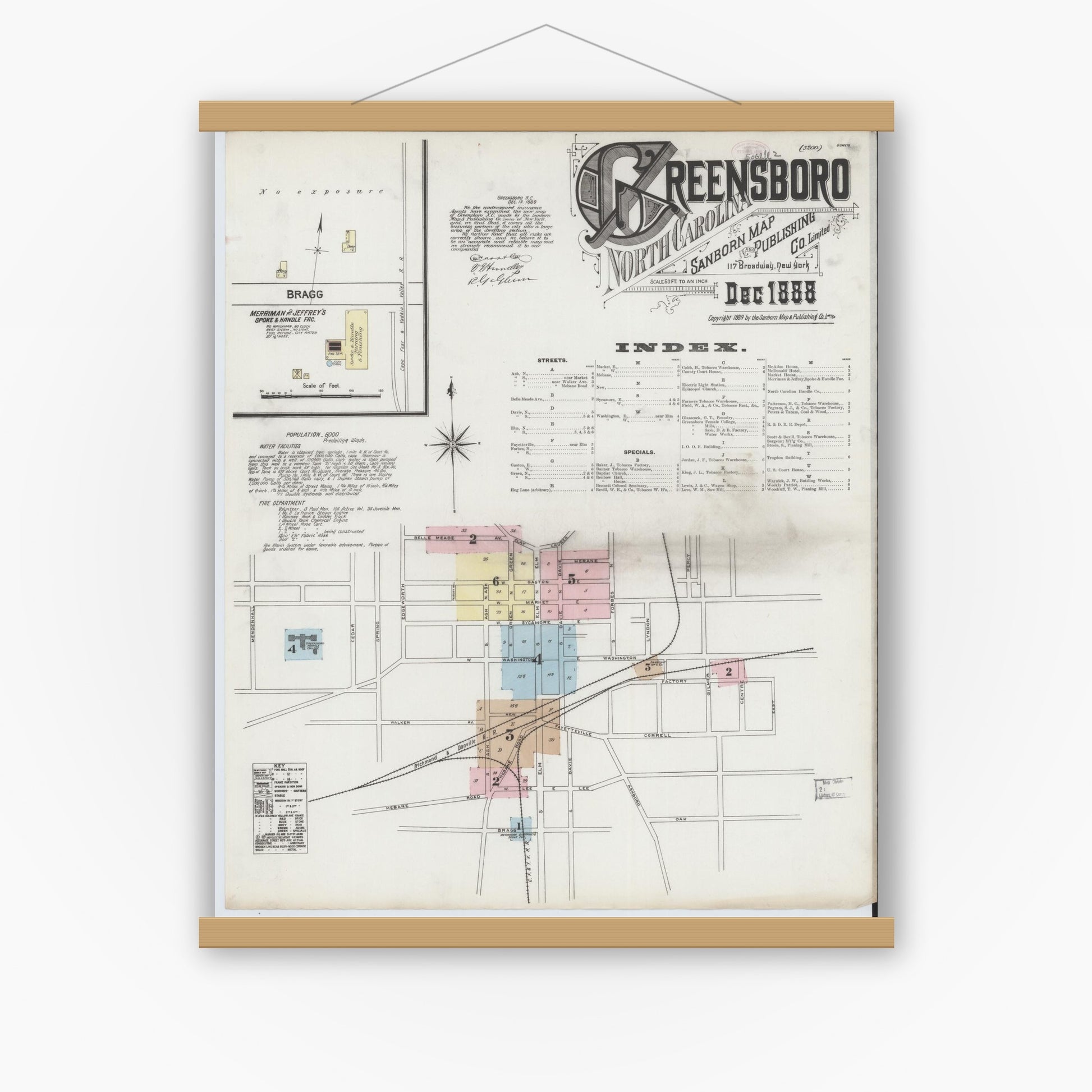 Old map wall art mockup — magnetic wood frame on white wall — Sanborn Fire Insurance Map from Greensboro, Guilford County, North Carolina (1888), Sheet #0001