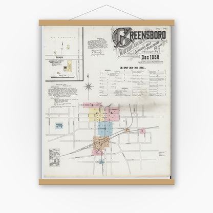 Old map wall art mockup — magnetic wood frame on white wall — Sanborn Fire Insurance Map from Greensboro, Guilford County, North Carolina (1888), Sheet #0001