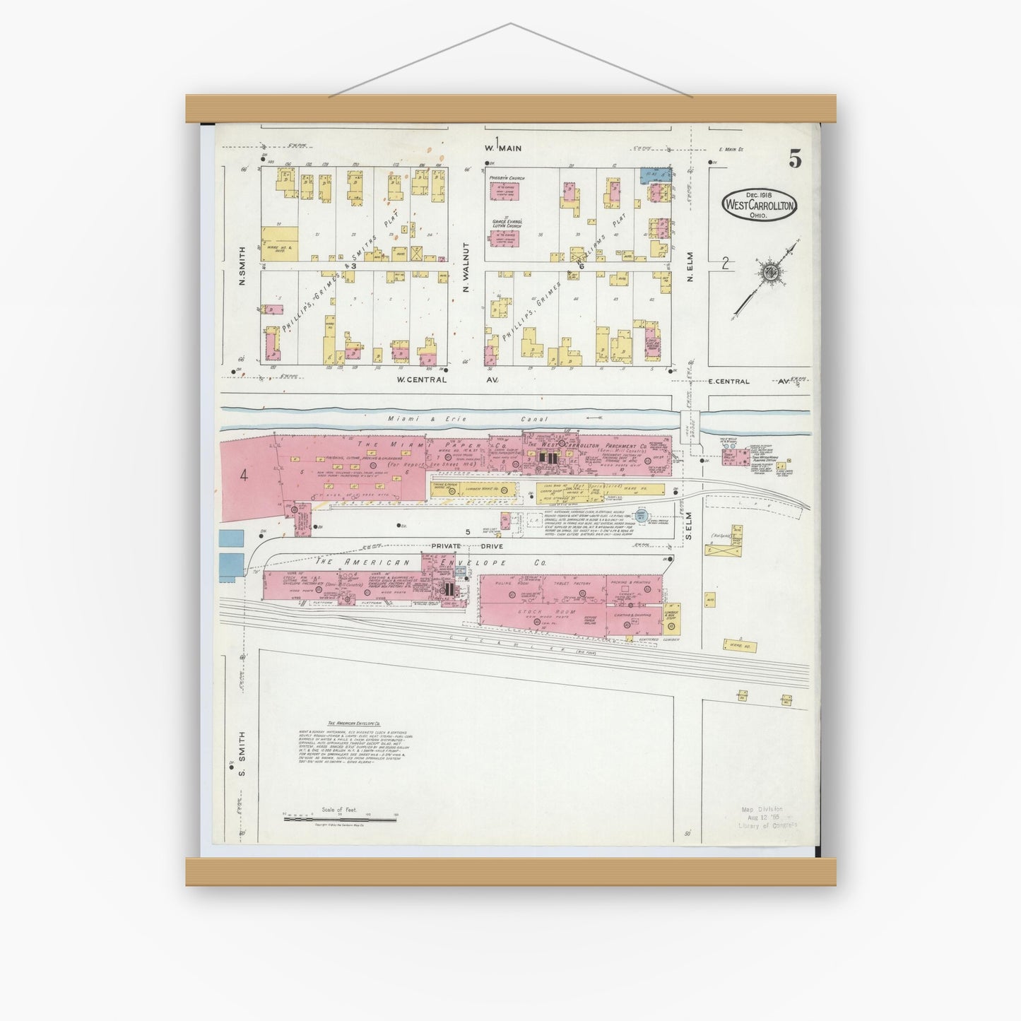 Old map wall art mockup — magnetic wood frame on white wall — Sanborn Fire Insurance Map from West Carrollton, Montgomery County, Ohio (1918), Sheet #0005