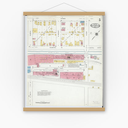 Old map wall art mockup — magnetic wood frame on white wall — Sanborn Fire Insurance Map from West Carrollton, Montgomery County, Ohio (1918), Sheet #0005