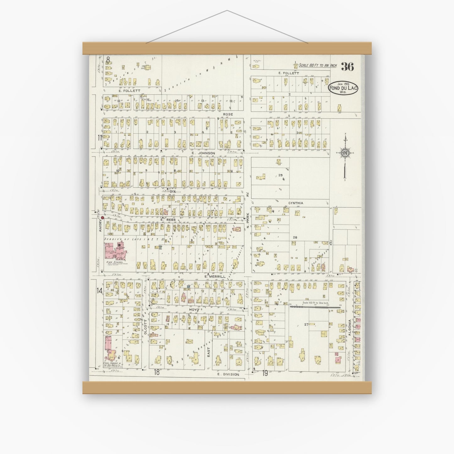 Old map wall art mockup — magnetic wood frame on white wall — Sanborn Fire Insurance Map from Fond du Lac, Fond du Lac County, Wisconsin (1915), Sheet #0036