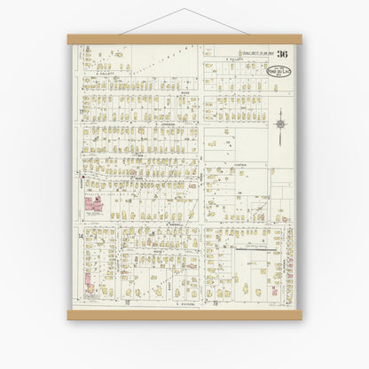 Old map wall art mockup — magnetic wood frame on white wall — Sanborn Fire Insurance Map from Fond du Lac, Fond du Lac County, Wisconsin (1915), Sheet #0036