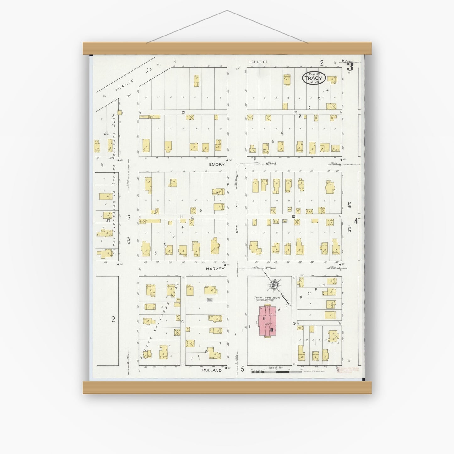 Old map wall art mockup — magnetic wood frame on white wall — Sanborn Fire Insurance Map from Tracy, Lyon County, Minnesota (1917), Sheet #0003