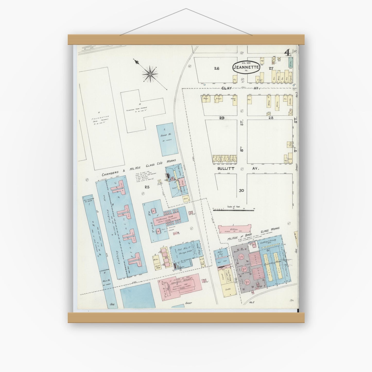 Old map wall art mockup — magnetic wood frame on white wall — Sanborn Fire Insurance Map from Jeannette, Westmoreland County, Pennsylvania (1891), Sheet #0004
