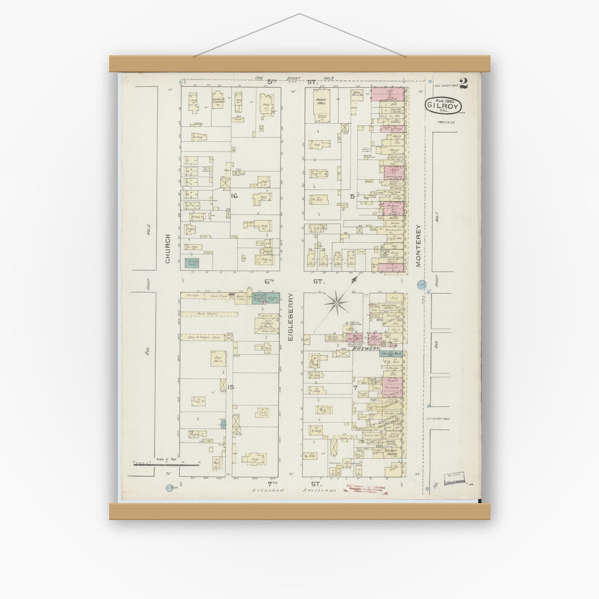 Old map wall art mockup — magnetic wood frame on white wall — Sanborn Fire Insurance Map from Gilroy, Santa Clara County, California (1886), Sheet #0002