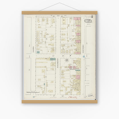 Old map wall art mockup — magnetic wood frame on white wall — Sanborn Fire Insurance Map from Gilroy, Santa Clara County, California (1886), Sheet #0002