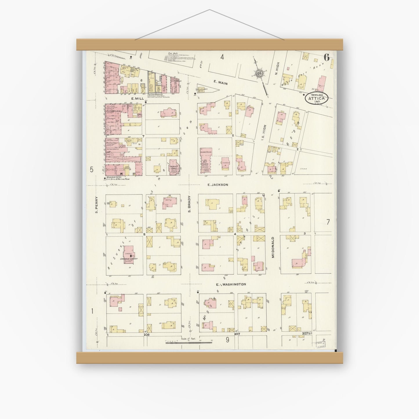 Old map wall art mockup — magnetic wood frame on white wall — Sanborn Fire Insurance Map from Attica, Fountain County, Indiana (1910), Sheet #0006